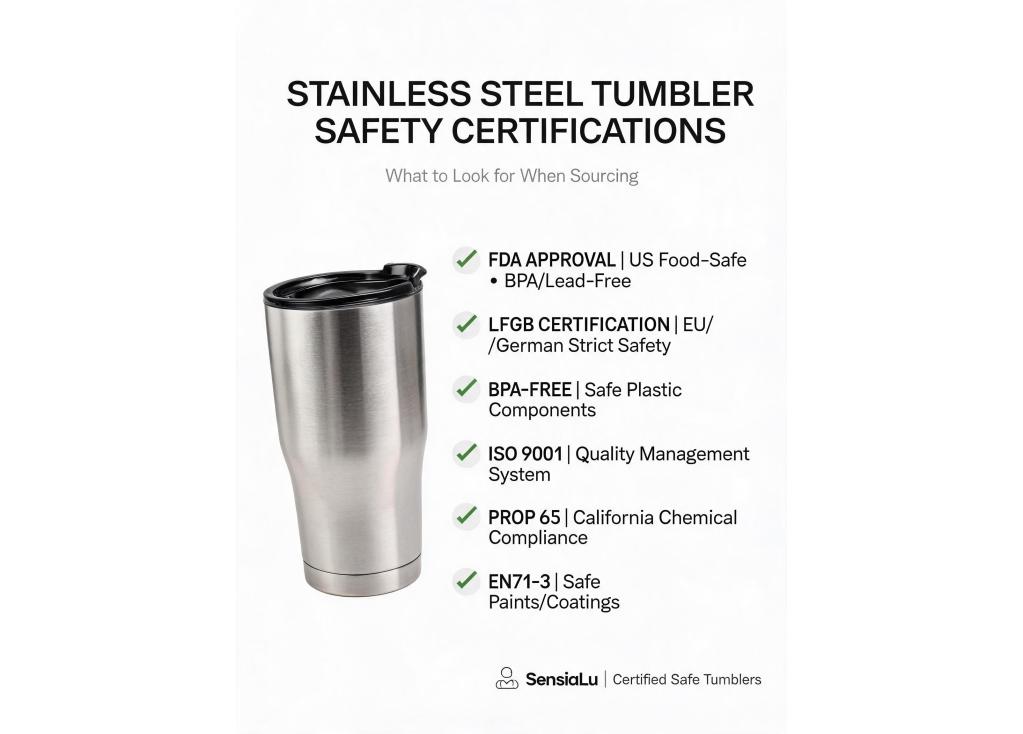 What international safety certifications should I look for when sourcing stainless steel tumblers?