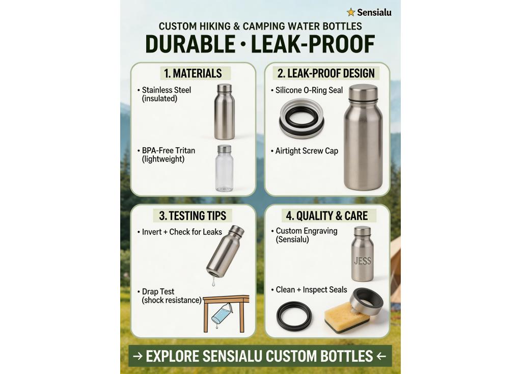 How can I ensure the durability and leak-proof performance of custom water bottles for hiking and camping?
