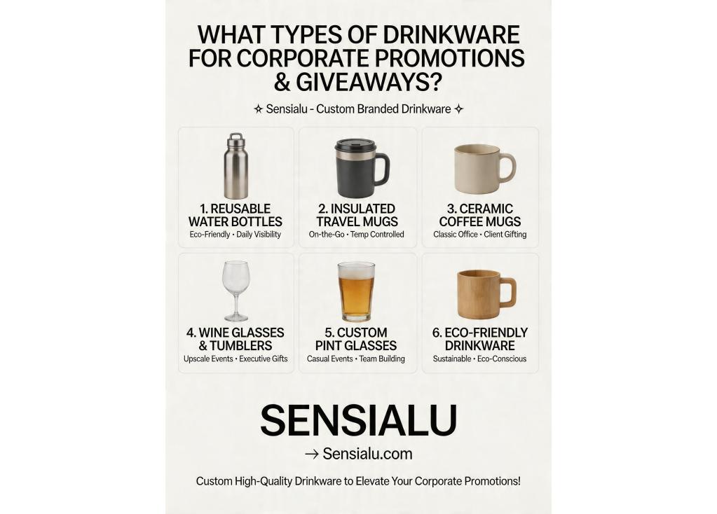 What types of drinkware are most popular for corporate promotions and event giveaways?