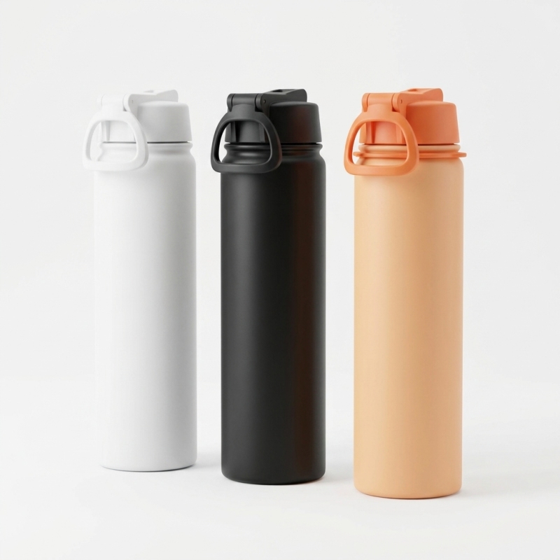 Slim Portable Water Bottle with One-Hand Flip Lid - Matte White/Black/Orange, Easy Fit in Backpack Side Pocket, Insulated for Outdoor & Daily Use