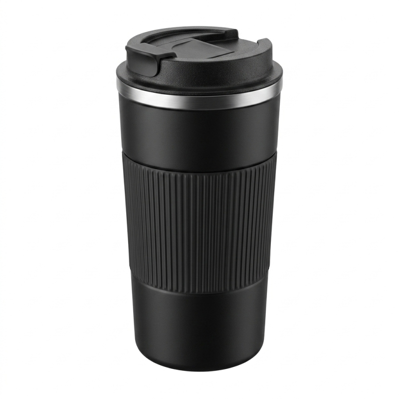 Wholesale 16oz Black Travel Coffee Mug - Insulated Stainless Steel Tumbler with Anti-Slip Grip for Commute & Office