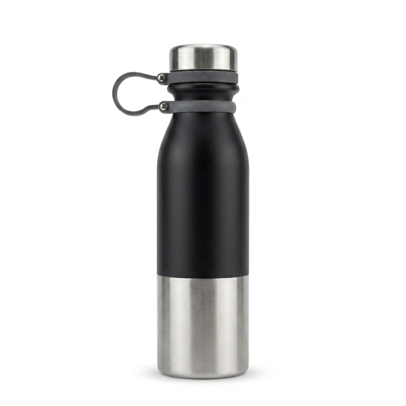 Wholesale 24oz Stainless Steel Water Bottle - Black & Silver Two-Tone, Insulated Flask with Handle for Hiking, Camping & Outdoor