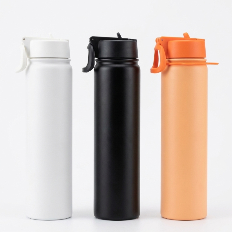 Slim Portable Water Bottle with One-Hand Flip Lid - Matte White/Black/Orange, Easy Fit in Backpack Side Pocket, Insulated for Outdoor & Daily Use