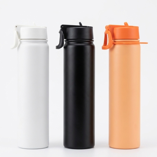 Slim Portable Water Bottle with One-Hand Flip Lid - Matte White/Black/Orange, Easy Fit in Backpack Side Pocket, Insulated for Outdoor & Daily Use
