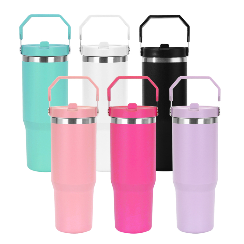 USA Warehouse Hot Pink 30oz Double Wall Stainless Steel Vacuum Powder Coated Tumbler Mugs Water Bottle W/ Flip Handle Lids 6pcs