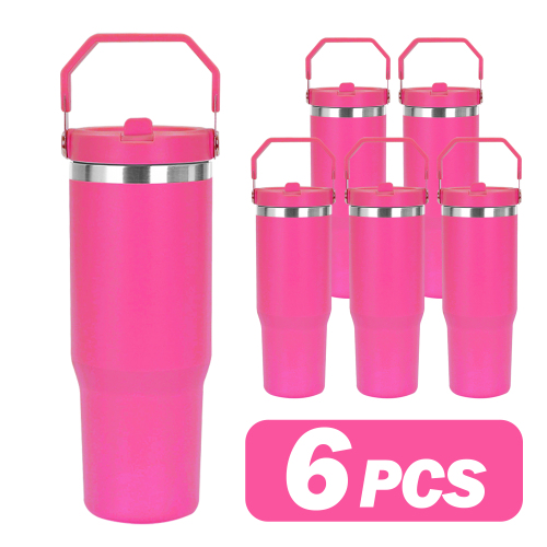 USA Warehouse Hot Pink 30oz Double Wall Stainless Steel Vacuum Powder Coated Tumbler Mugs Water Bottle W/ Flip Handle Lids 6pcs