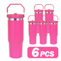 USA Warehouse Hot Pink 30oz Double Wall Stainless Steel Vacuum Powder Coated Tumbler Mugs Water Bottle W/ Flip Handle Lids 6pcs