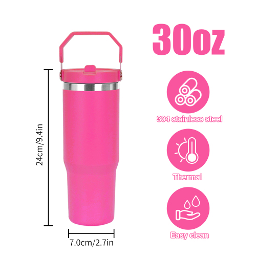 USA Warehouse Hot Pink 30oz Double Wall Stainless Steel Vacuum Powder Coated Tumbler Mugs Water Bottle W/ Flip Handle Lids 6pcs