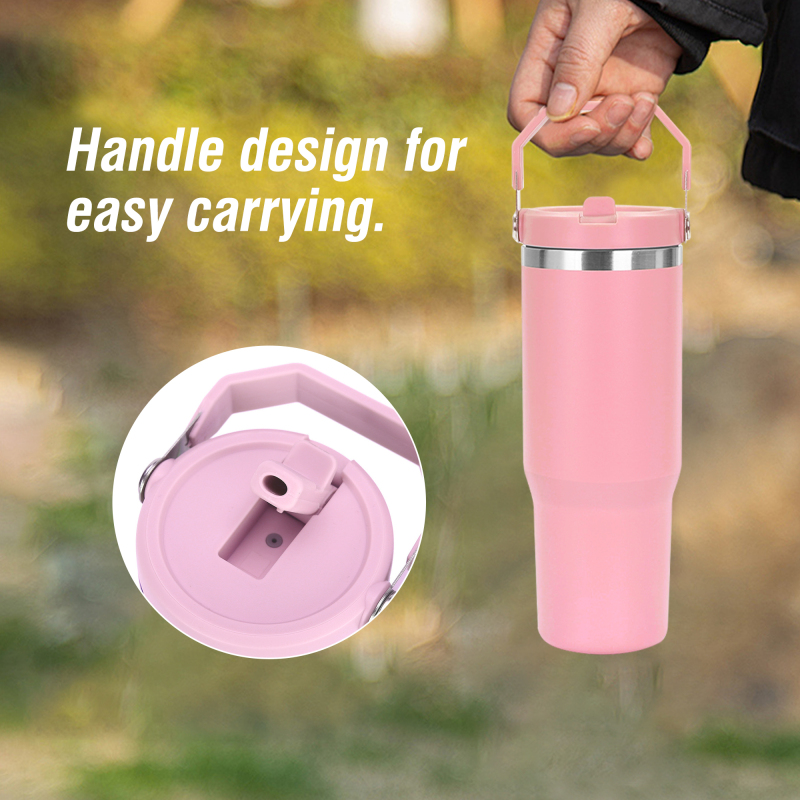 USA Warehouse Hot Pink 30oz Double Wall Stainless Steel Vacuum Powder Coated Tumbler Mugs Water Bottle W/ Flip Handle Lids 6pcs