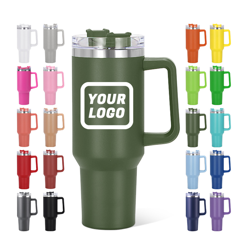 Custom Logo H1.0 40 oz Double Walled Insulated Vacuum Stainless Steel 40oz Tumbler Personalized Mug With Straw Handle and Lid