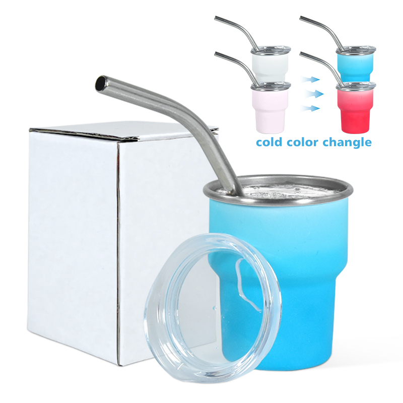 China RTS Cold Color Change 2.5oz Mini Shot Glass Tumbler Single Wall Stainless Steel Mini Cup with Metal Straw and White Box