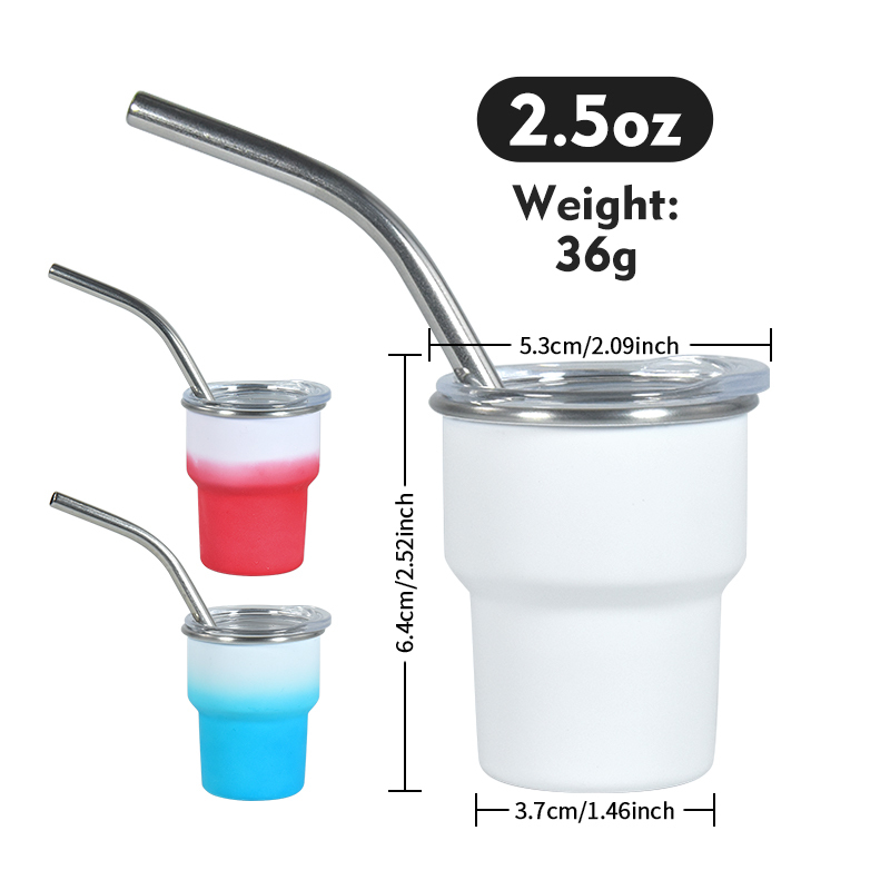 China RTS Cold Color Change 2.5oz Mini Shot Glass Tumbler Single Wall Stainless Steel Mini Cup with Metal Straw and White Box
