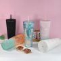 Custom BPA Free 24oz Plastic Double Wall Cup Mixed Colors Reusable Water Cup Double Wall Plastic Cup with Straw