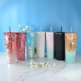 Custom BPA Free 24oz Plastic Double Wall Cup Mixed Colors Reusable Water Cup Double Wall Plastic Cup with Straw