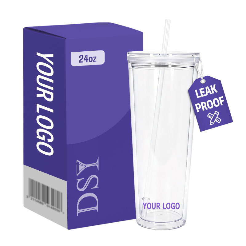BPA Free Reusable Double Wall 24oz Plastic Snow Globe Tumbler Clear Acrylic Pre-drilled Water Cup with Straw and Stopper