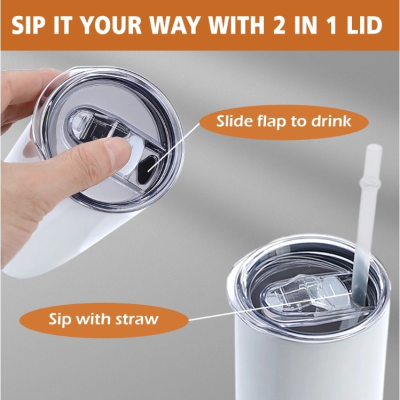 Factory Wholesale Sublimation White 12oz 15oz 20oz 30oz Straight Double Walled Vacuum Stainless Steel Tumbler with Slide Lid