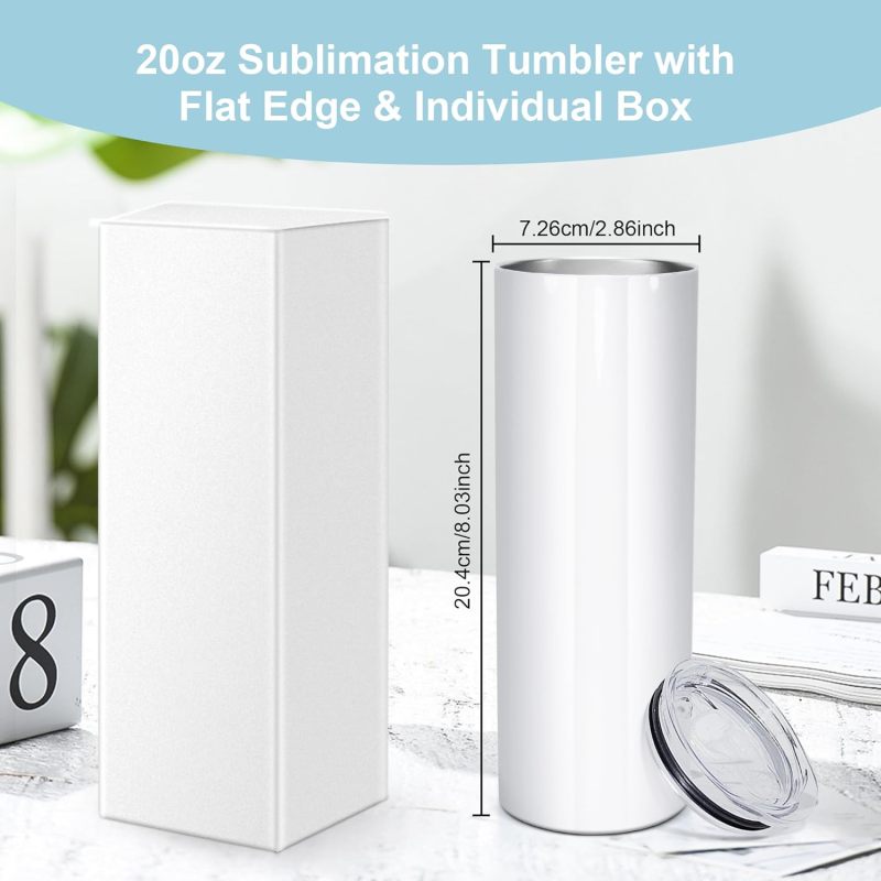 RTS USA Free Shipping 20oz Sublimation Blank Tumblers Bulk Flat Edge Skinny Straight Stainless Steel Blanks Cups Individual Box