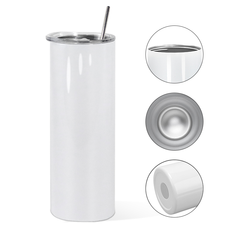USA Stocked Flat Edge Blanks Stainless Steel 20oz Sublimation Tumbler With sealed Lid Rubber Bottom and Metal Straw 25pcs/ctn