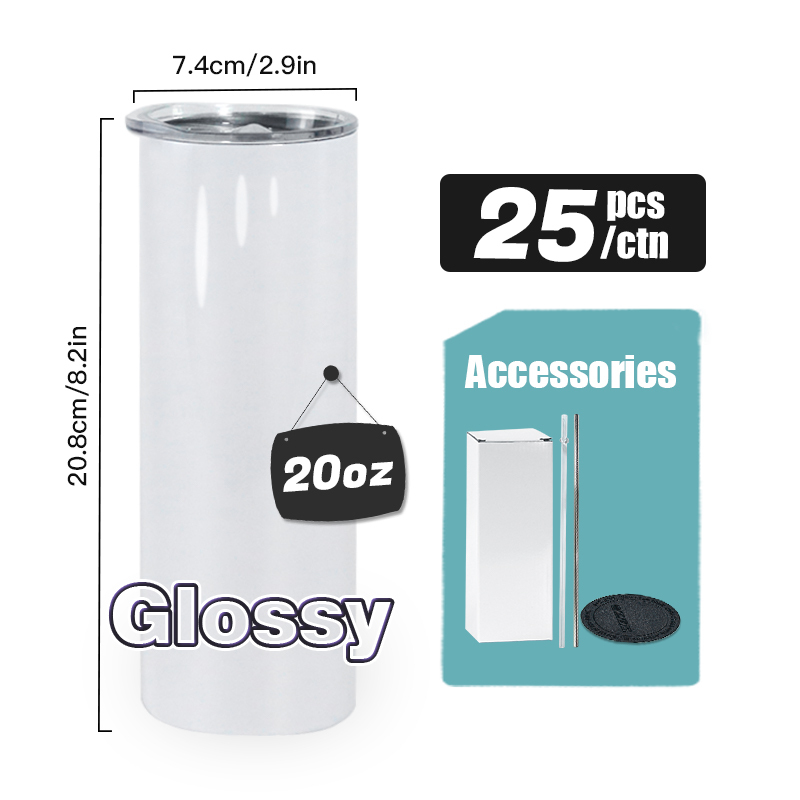 USA Stocked Flat Edge Blanks Stainless Steel 20oz Sublimation Tumbler With sealed Lid Rubber Bottom and Metal Straw 25pcs/ctn