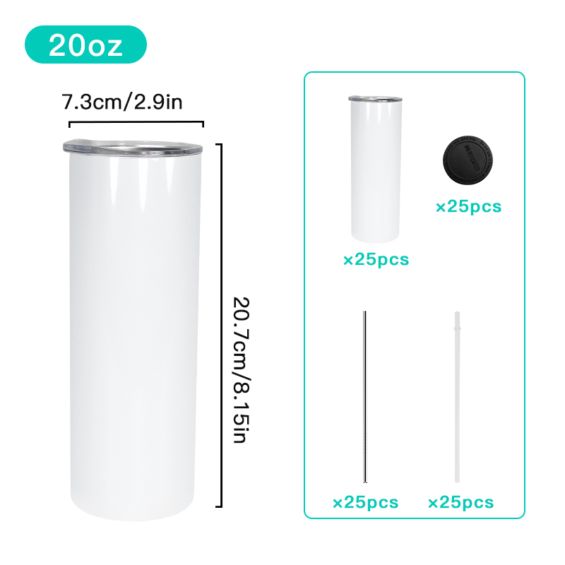 USA Stocked Flat Edge Blanks Stainless Steel 20oz Sublimation Tumbler With sealed Lid Rubber Bottom and Metal Straw 25pcs/ctn