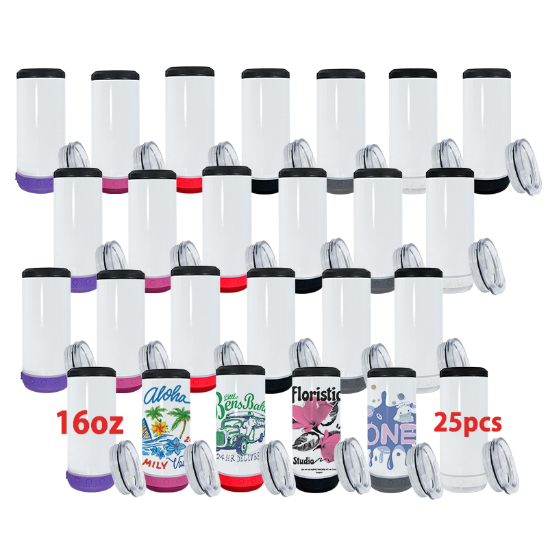 RTS USA Warehouse 25pcs/ctn 16oz Sublimation 4 in 1 Can Cooler with Speaker and Plastic Seal Lid for Drinking 5 Colors Mixed
