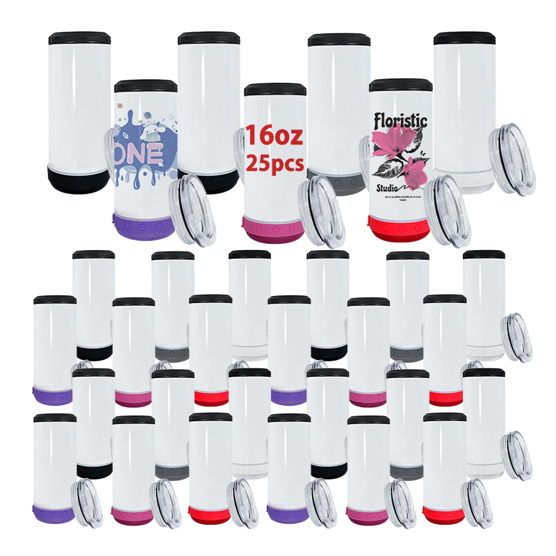 RTS USA Warehouse 25pcs/ctn 16oz Sublimation 4 in 1 Can Cooler with Speaker and Plastic Seal Lid for Drinking 5 Colors Mixed