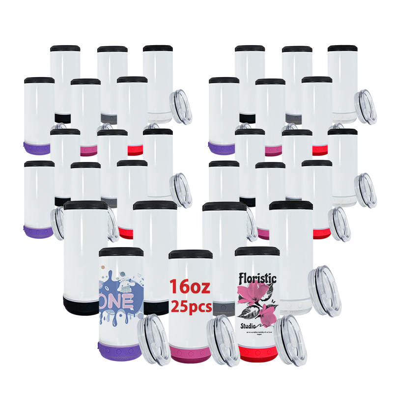 RTS USA Warehouse 25pcs/ctn 16oz Sublimation 4 in 1 Can Cooler with Speaker and Plastic Seal Lid for Drinking 5 Colors Mixed