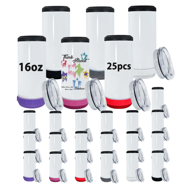 RTS USA Warehouse 25pcs/ctn 16oz Sublimation 4 in 1 Can Cooler with Speaker and Plastic Seal Lid for Drinking 5 Colors Mixed