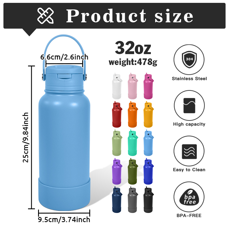 Custom Logo 32oz Stainless Steel Drinking Bottle Insulated Cup Outdoor Sports Mug with Handle Rubber Bottom Straw Rotatable Lid