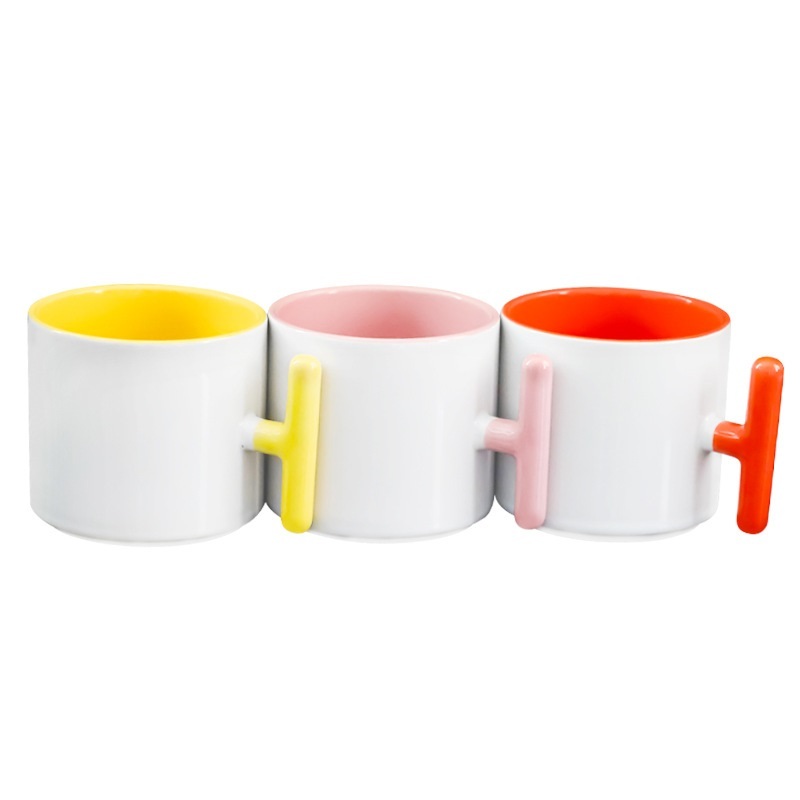 T Shape Handle Ceramic Mug 8oz Inner Color Coffee Mugs Custom Logo Water Cup Printed Sublimation Ceramic Mug for DIY Printing