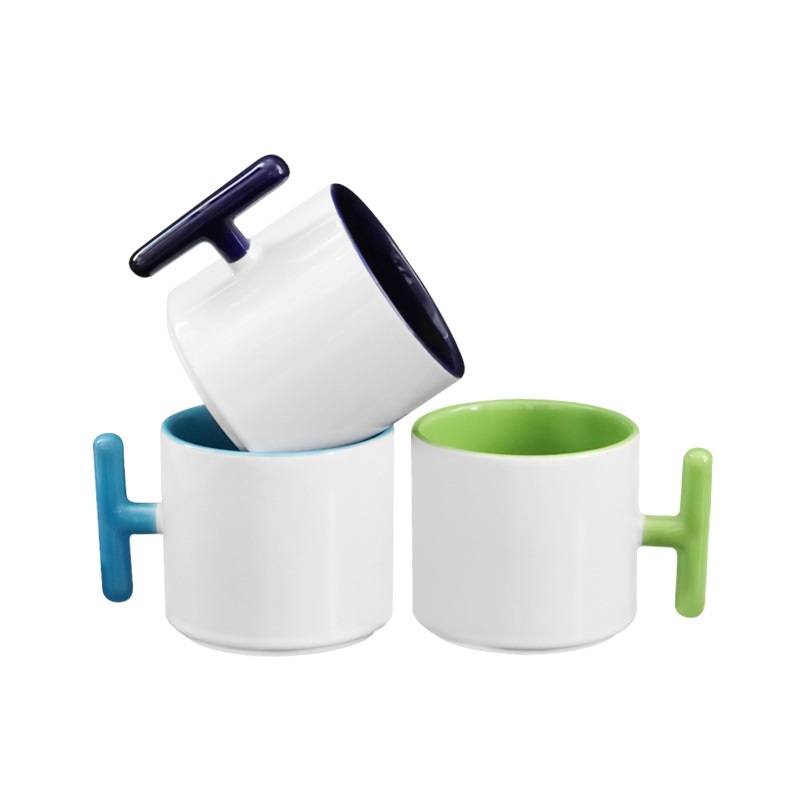 T Shape Handle Ceramic Mug 8oz Inner Color Coffee Mugs Custom Logo Water Cup Printed Sublimation Ceramic Mug for DIY Printing