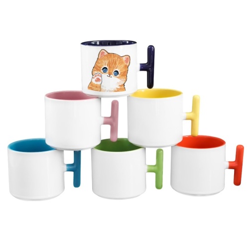 T Shape Handle Ceramic Mug 8oz Inner Color Coffee Mugs Custom Logo Water Cup Printed Sublimation Ceramic Mug for DIY Printing