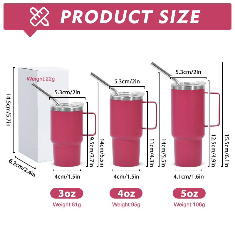 Custom Logo 3oz 4oz 5oz Mini Shot Glass Tumbler Double Wall Stainless Steel Insulated Cup with Metal Straw Lid and Handle