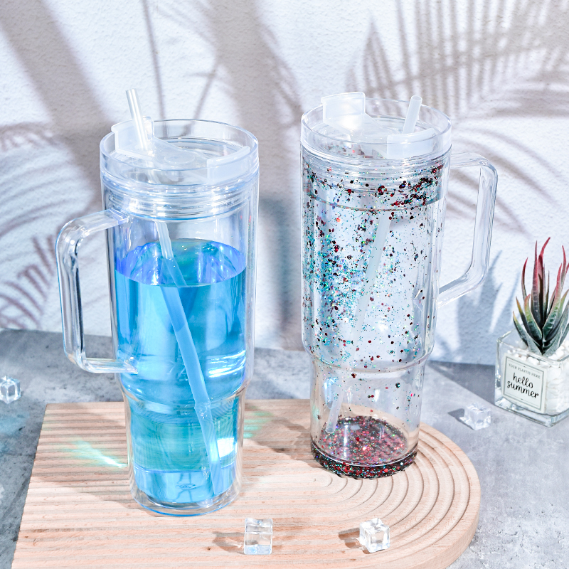 RTS Hole Pre-drilled Mug with Handle Unbreakable 40oz Double Wall Transparent Clear Acrylic Snow Globe Tumbler Bottle BPA Free