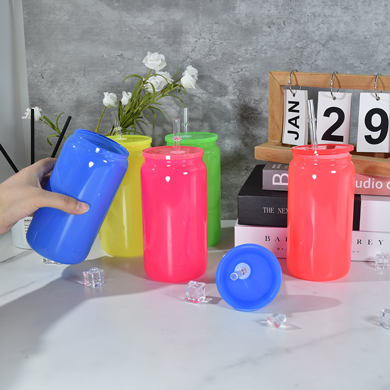 Glass Jars with Lid 16oz Neon Glasses Mix 4 Colors Blank Sublimation Glass Cans Glass Tumblers with Colorful PP Lid and Straw