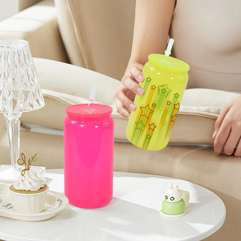 Glass Jars with Lid 16oz Neon Glasses Mix 4 Colors Blank Sublimation Glass Cans Glass Tumblers with Colorful PP Lid and Straw