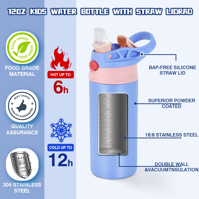 Customized 12oz Kids Water Bottle Powder Coated Surface Mug Stainless Steel Tumbler Double Walled Bounce up Lid Cup for Laser