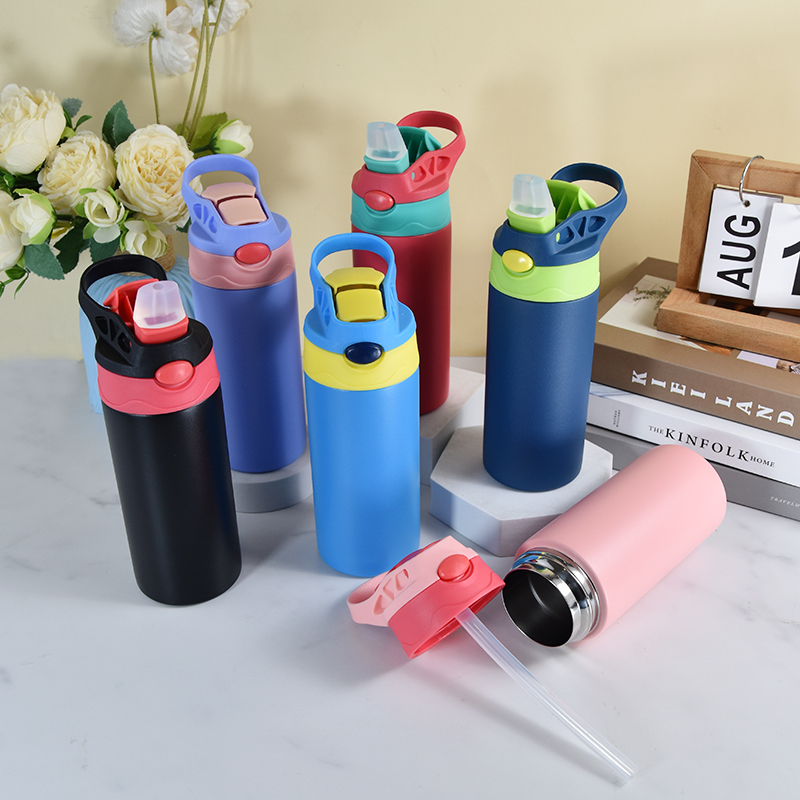 Customized 12oz Kids Water Bottle Powder Coated Surface Mug Stainless Steel Tumbler Double Walled Bounce up Lid Cup for Laser