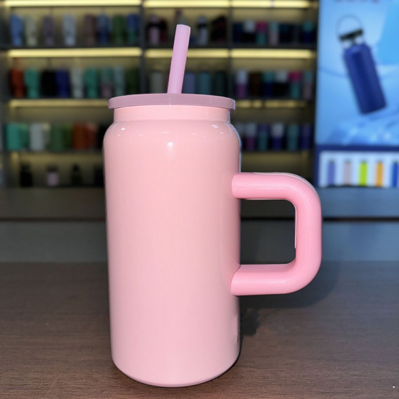 16oz Stainless Steels Can Shaped Sublimation Glass Tumbler with Handle and Straw Colored Sublimation Straw Lid Mason Jar