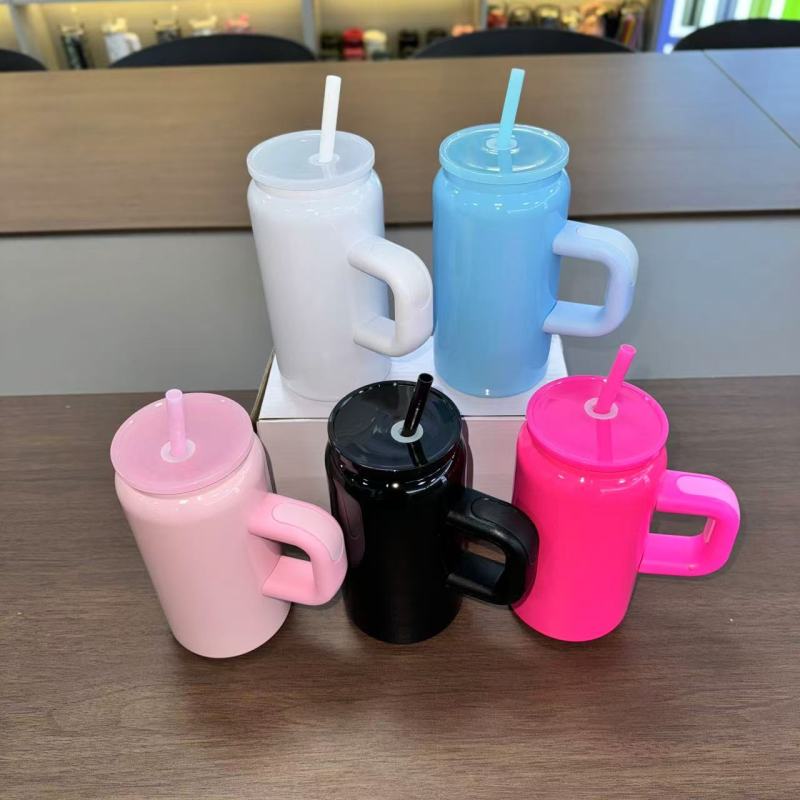 16oz Stainless Steels Can Shaped Sublimation Glass Tumbler with Handle and Straw Colored Sublimation Straw Lid Mason Jar