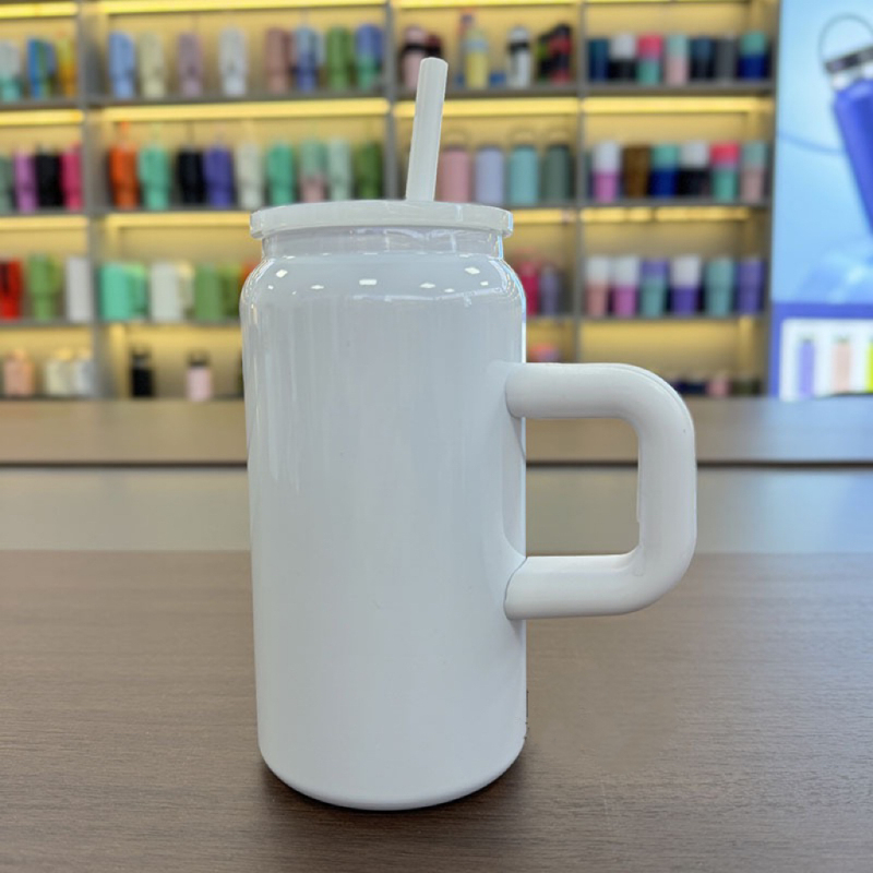 16oz Stainless Steels Can Shaped Sublimation Glass Tumbler with Handle and Straw Colored Sublimation Straw Lid Mason Jar