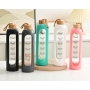 1000ml Glass Water Bottle Time Marker Reminder Quotes Leak Proof Reusable BPA Free Water Bottles with Silicone Sleeve Bamboo Lid