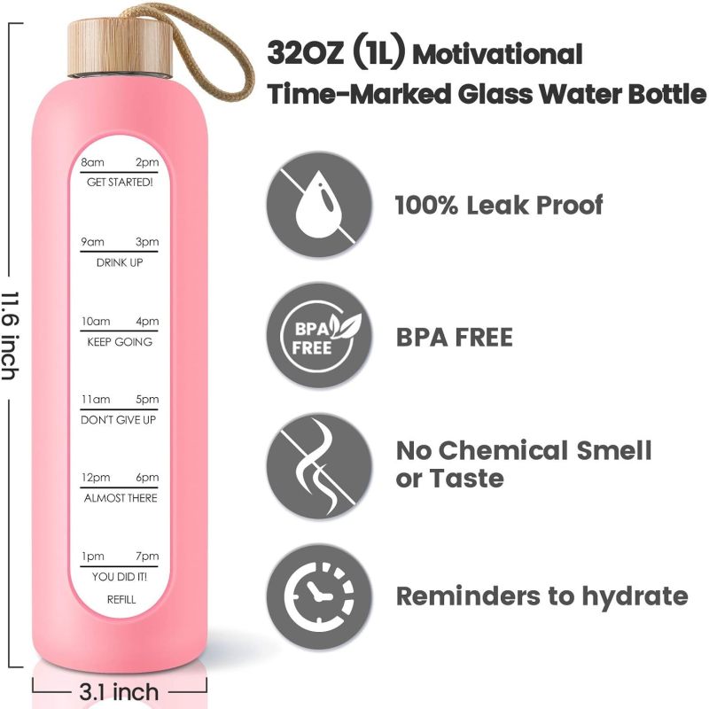 1000ml Glass Water Bottle Time Marker Reminder Quotes Leak Proof Reusable BPA Free Water Bottles with Silicone Sleeve Bamboo Lid