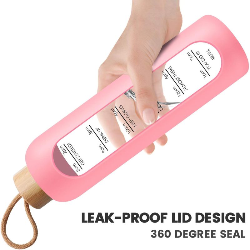1000ml Glass Water Bottle Time Marker Reminder Quotes Leak Proof Reusable BPA Free Water Bottles with Silicone Sleeve Bamboo Lid