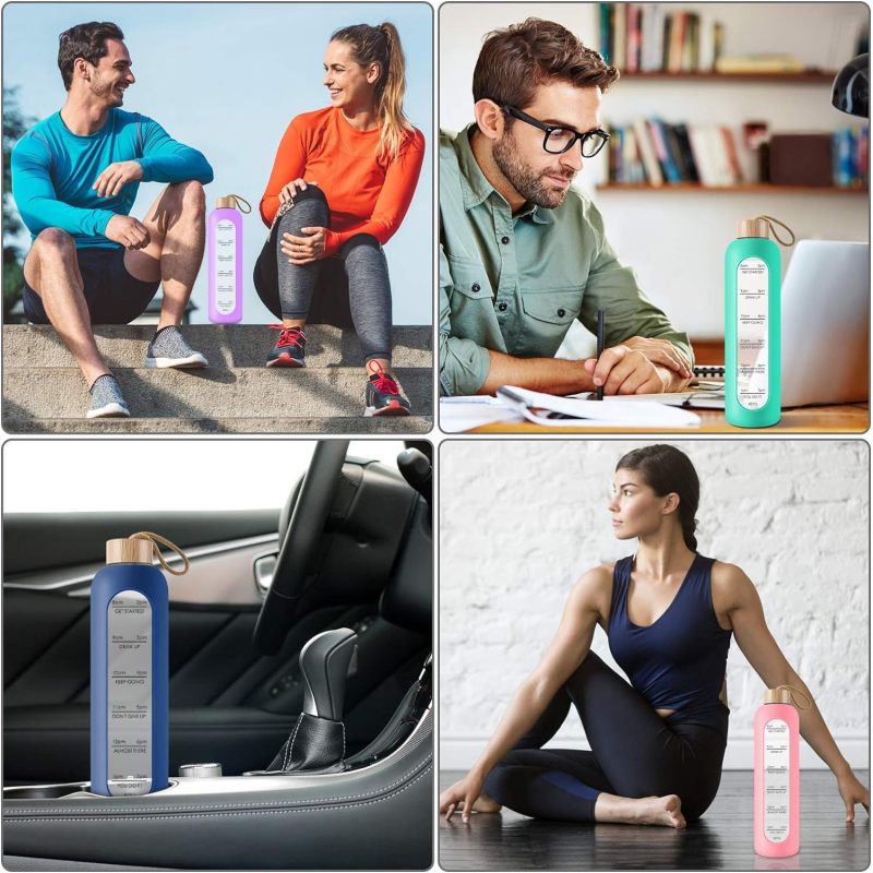 1000ml Glass Water Bottle Time Marker Reminder Quotes Leak Proof Reusable BPA Free Water Bottles with Silicone Sleeve Bamboo Lid