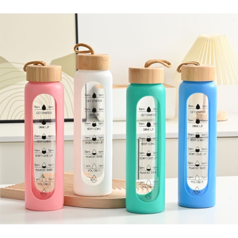 1000ml Glass Water Bottle Time Marker Reminder Quotes Leak Proof Reusable BPA Free Water Bottles with Silicone Sleeve Bamboo Lid