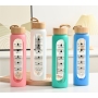 1000ml Glass Water Bottle Time Marker Reminder Quotes Leak Proof Reusable BPA Free Water Bottles with Silicone Sleeve Bamboo Lid