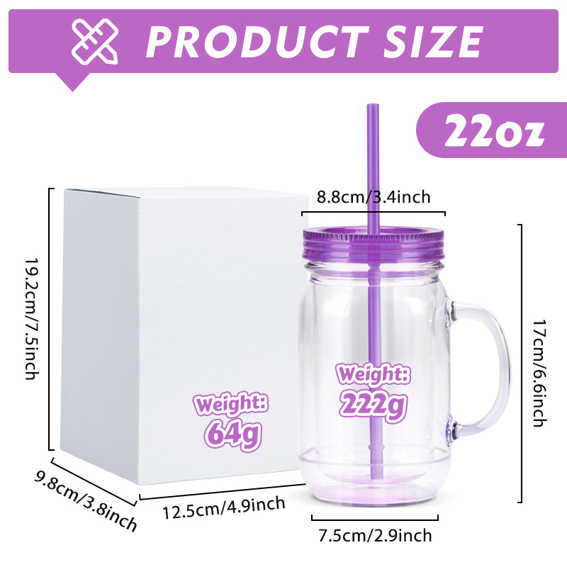 Newest Colors 22oz Pre-Drilled Snow Globe Tumbler BPA Free Double Wall Acrylic Plastic Mason Jar with Handle for UV DTF Glitter