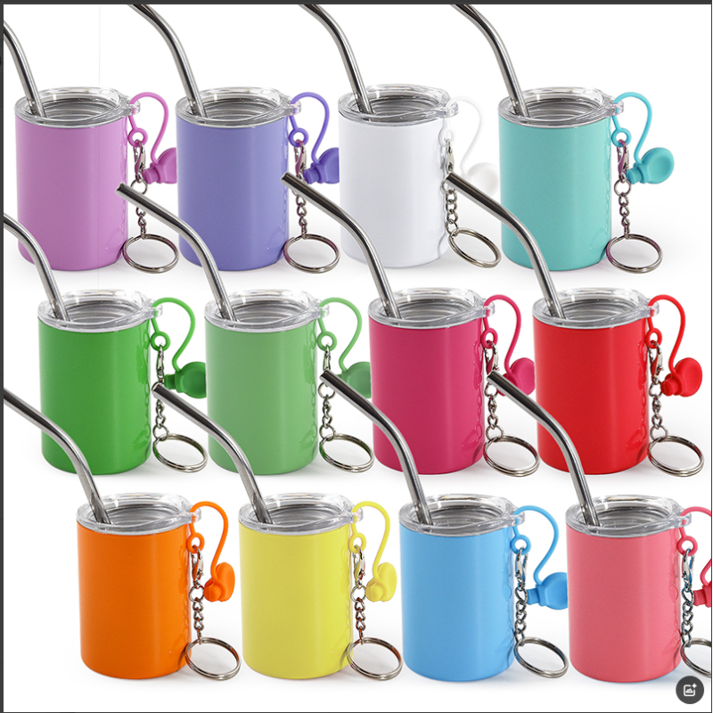 RTS US Warehouse 3oz Sublimation Blanks Shot Glass Straight Cup Shot Glass Tumblers with Key Chain Lid Metal Straw for Ice Cream