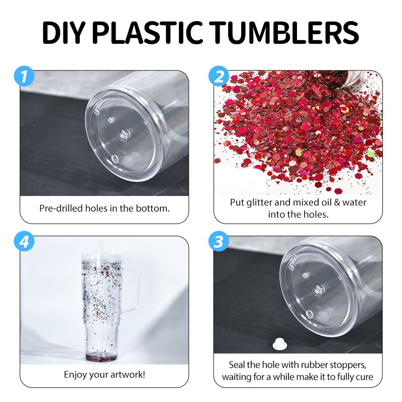 Custom 40oz Acrylic Snow Globe Tumbler Bottle Cup Pre-drilled Plastic Mugs Double Wall Bottle DIY Hole & Plug
